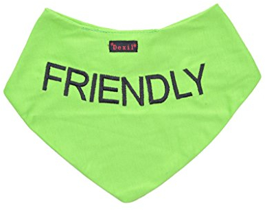 Dexil Personalisierbares Hunde-Halstuch, Aufschrift Friendly, Grün, modisches Halstuch, verhindert Unfälle durch Vorwarnen anderer Hunde