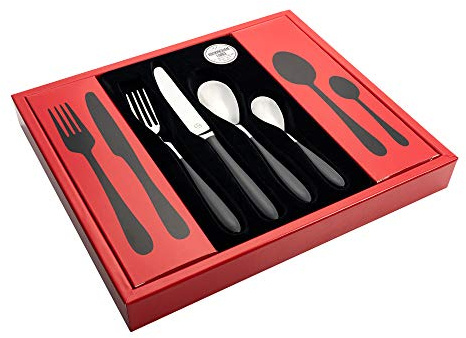 Grunwerg 24BX650BK Rockingham Forge Yin and Yang Designer Collection 24 Piece Cutlery Set – 18/10 Stainless Steel, Red Gift Box, Black Handles