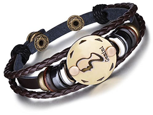 Unendlich U Punk Modisch 12 Sternbilder Sternzeichen Herren Damen Charm Armband Geflochten Leder Legierung Multilayer Braun Armreifen, Zwillinge(Gemini)