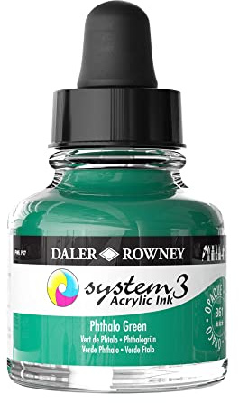 Daler-Rowney System3 Acrylic Ink, Glass Bottle with Dropper, Opaque, 1oz - 29.5 ml, Phthalo Green
