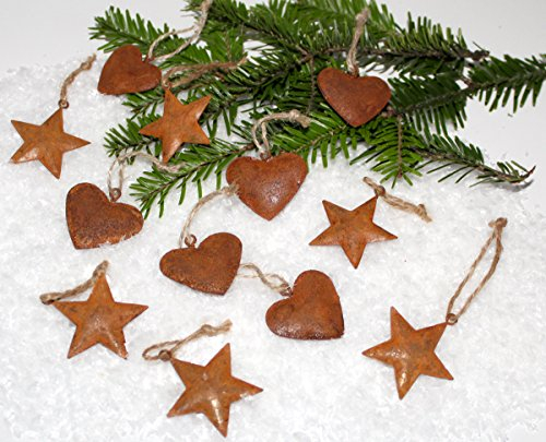 LB H&F 12er Set Lilienburg Christbaumschmuck Weihnachten Anhänger Metall Stern & Herz Deko Rost (P-Rost)