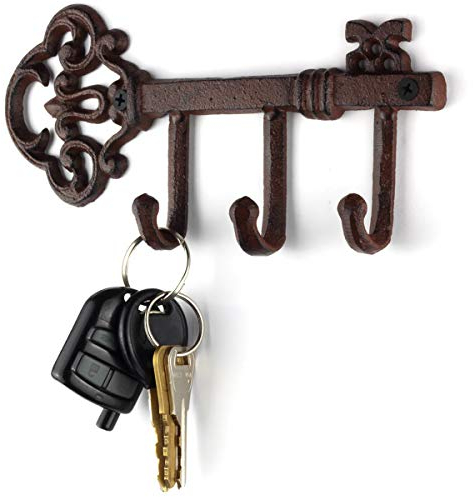LULIND - Wall Mounted Rustic Key Holder with 3 Hooks, Vintage Cast Iron