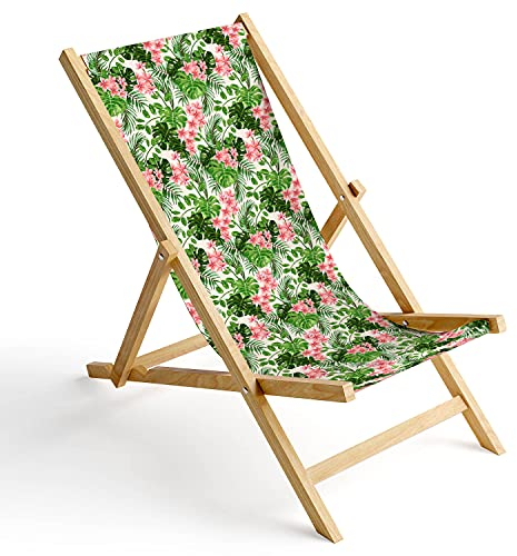 Ferocity Holz-Liegestuhl Klappbar Klappliegestuhl Sonnenliege Strandstuhl Wechselbezug Motiv Palm Hell