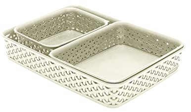 Curver My Style Rattan Effect Set of 3 Office Rectangular A4 A5 A6 Desk Storage Basket Tray Set - Off White