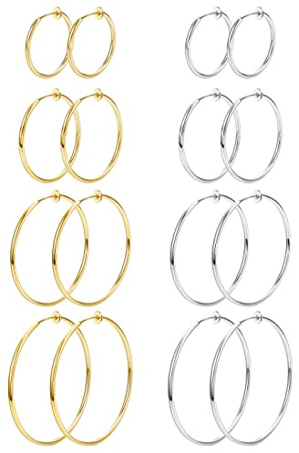 Magitaco 8 Pairs Clip On Hoop Earrings Stainless Steel Clip On Earrings for Women Fake Hoop Earring Spring Hoop Earring For Non-Pierced Ears GS