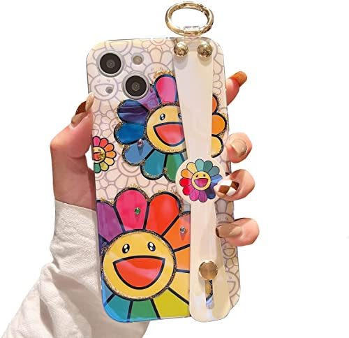 Lastma iPhone 13 Mini Case Cute with Wrist Strap Kickstand Glitter Bling Cartoon IMD Soft TPU Shockproof Protective Cases Cover for Girls and Women (Tulipa)