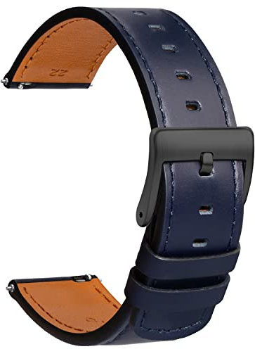 TStrap Leder Uhrenarmband 22mm - Weich Blau Quick Release Uhrenarmbänder Ersatz Schnellverschluss - Sport Uhrenarmband für Herren Damen - Smartwatches Armband Haspe Schließe - 18mm 19mm 20mm 21mm