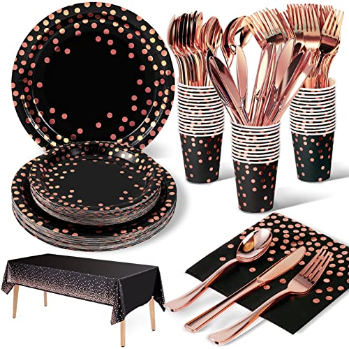 Nkaiso Black and Rose Gold Party Tableware 141 Pieces Paper Supplies Set Includes Paper Plates Napkins Cups Reusable Cutlery for Wedding Shower Engagement Wedding Birthday -20 Guests