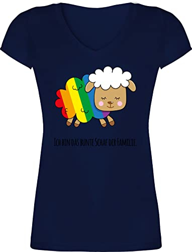 T-Shirt Damen V Ausschnitt - LGBTQ Kleidung Pride Flag - Ich Bin das Bunte Schaf der Familie - schwarz - 3XL - Dunkelblau - LGBTQ-t-Shirt LGBT buntes Shirt Gay CSD Tshirt t Cotton Lesbian t-Shirts