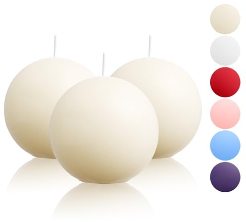 Ball Pillar Candles Set of 3 Ivory 3Inch Unscented Handpoured Weddings, Home Decoration, 75 Hour