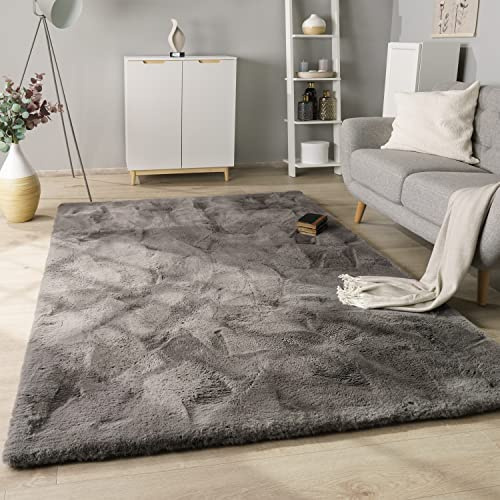 Paco Home Hochflor Teppich Wohnzimmer Schlafzimmer Modern Flauschiger Fellteppich Fell Imitat Kunstfell Langflor, Grösse:60x100 cm, Farbe:Anthrazit