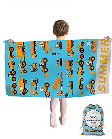 Strandtuch Bagger Kran, Kinder Strandtücher 60 x 120 cm, Mikrofaser Strandtuch Sandfrei, Schnell Trocknend Badetuch Reisen Schwimmen Duschtuch für Kinde (Yellow Truck)