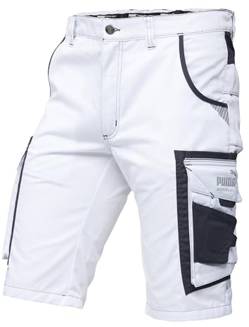 PUMA Workwear Precision X - Kurze Arbeitshose Herren - Robuste & Flexible Arbeitsshorts - Viele Taschen und Bequeme Passform - Ideal für Handwerk Heimwerk und Baugewerbe - Weiß/Anthrazit - Gr. 46
