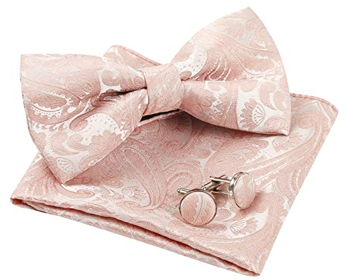 Alizeal Vorgebundene Fliege, Einstecktuch und Manschettenknöpfe für Herren, Retro-Paisleymuster, Blush Pink, Einheitsgröße
