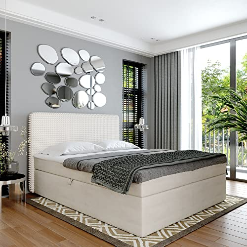 Boxspringbett Doppelbett Suzi - Gepolstertes Kopfteil mit Einer Eleganten Weichen Kissendesign. Bett mit Bonellmatratze mit Bettkasten für Bettwäsche und Topper. (Beige, 120x200)