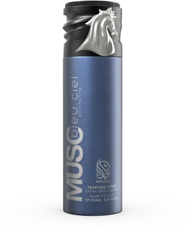 Musc Bleu Ciel Body Spray 200ml For Him Extra Long Lasting Perfumes Deodorant for Freshness by Nylaa Perfume with Scents of Bergamot, Grapefruit, Violet Leaf, Patchouli, and Musk