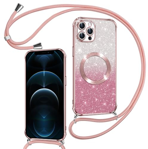 Phoona Handyband Hülle für iPhone 12 Pro Max mit Band [kompatibel mit MagSafe], Luxuriöse Glitzer Beschichtung Magnetische Handyhülle für iPhone 12 Pro Max Silikon Stoßfest Schutzhülle, Rosa
