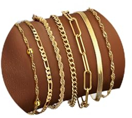 Dochais 5-7 Pcs Cubique Zircone Link Bracelets pour Femme,Bracelet Acier Inoxydable Femme,14K Or Plaqué Bracelets,Ensemble Bracelets Argent Or pour Femmes Filles (Or Plaqué)