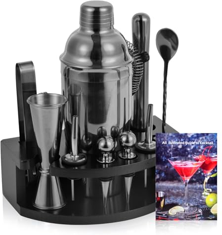 Safring Bartender Kit with Stand, 12-Piece Bar Set | 24oz Cocktail Shaker Set for Drink Mixing, Martini Shaker Set with Bar Tools, Recipes Booklet | Fun Housewarming Gift (Black)