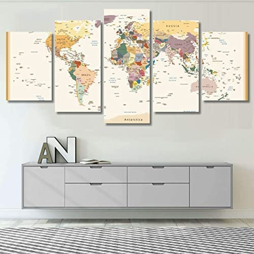 Moderne Drucke Dekor Schlafzimmer Wohnzimmer Wand 5-Teilig Detaillierte Weltkarte Gemälde Kunst Poster Modular Leinwand Bilder Ohne Rahmen 150 X 80 Cm Schlafzimmerbürohotelwandkunstfoto