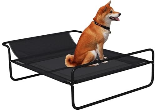 PawHut Cooling Raised Dog Bed, Elevated Pet Bed with Slope Headrest, Washable Breathable Mesh, Foot Pads, for Indoor and Outdoor Use, for Medium Dogs, 106 x 81 x 33cm - Black