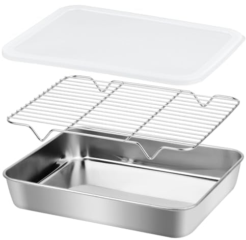 Fenghome Plaque de cuisson avec couvercle, grille de refroidissement pour four, rôtir, servir, plaque de cuisson avec support et couvercle hermétique, en acier inoxydable, argenté, 26 x 20 x 5 cm