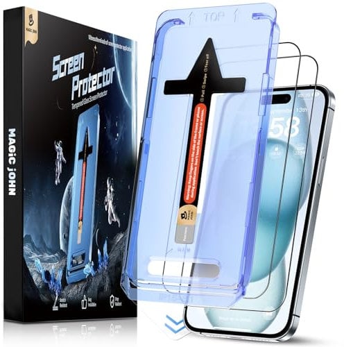 MAGIC JOHN 2 Pack for iPhone 15 Tempered Glass Screen Protector 6.1 inch, Auto Dust-Elimination Installation, Bubble Free, Dynamic Island Compatible, HD Clear, Easy Installation, Anti-Scratch