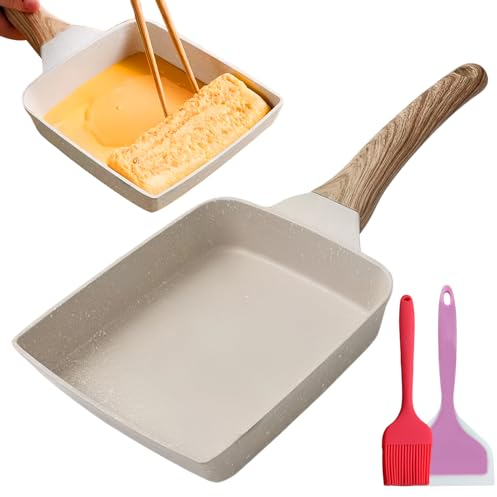 LEKEFETO Sartén para tortillas japonesas, Tamagoyaki Sartén con Espátula y Cepillo de Silicona, Sartén Tortilla Japonesa Antiadherente, para Todo Tipo de Fogones, Blanco, 18 x 15 cm