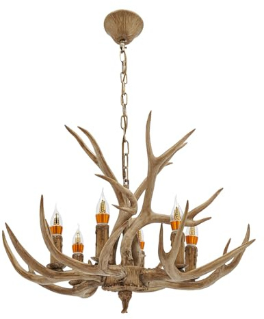 KEESUNG 6-Kopf Geweihlampe Retro Lampe, 6 in 1 Kerze Type Hirschgeweih Lampe 6 Lichter Industriestil Hängelampe für Wohnzimmer Schlafzimmer Bar Restaurant Leuchter Balkone