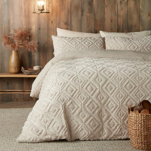 Fusion - Copripiumino in pile Teddy color crema naturale - Letto matrimoniale (200 x 200 cm) - Design reversibile - Copripiumino jacquard beige in lino - Biancheria da letto trapuntata quadrata