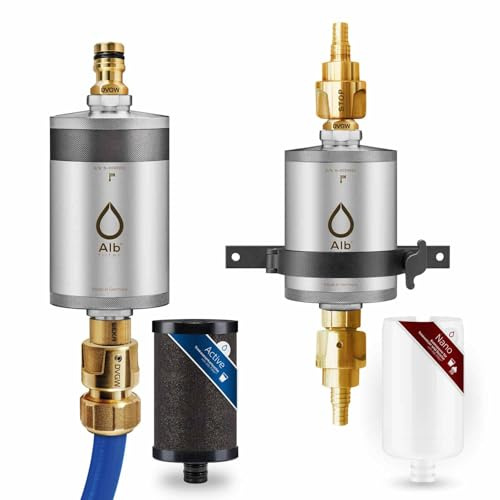 Alb Filter PRO CAMPER Set Camping Wasserfilter Edelstahl Natur | Kombi-Set: ACTIVE-Befüllfilter vor dem Tank, NANO-Keimsperre nach dem Tank, für Camper, Made in Germany