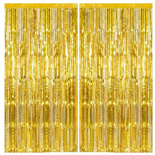 2pcs Gold Glitter Tinsel Curtains, 3.2x6.5ft Shimmer Party Foil Door Curtains Metallic Fringe Tassel Tinsel Backdrop for Birthday, New Years Eve, Xmas Party Décor