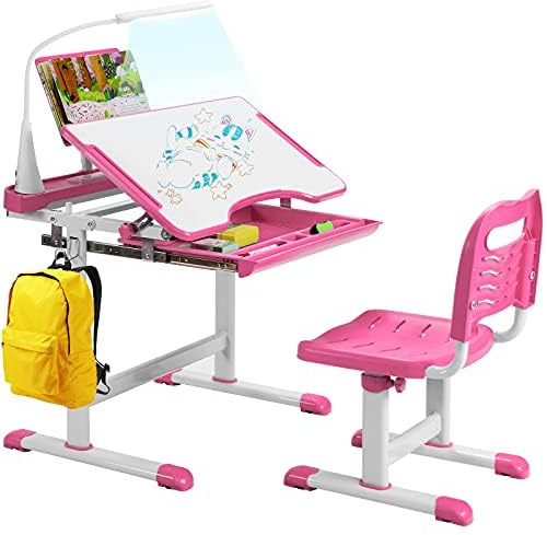 Generisch Kindertisch und Stuhl mit Bücherständer & LED-Licht, höhenverstellbarer Kinderschreibtisch Set mit gekippter Tischplatte & Schublade, Kinder Schreibtisch für Jungs & Mädchen (Rosa)