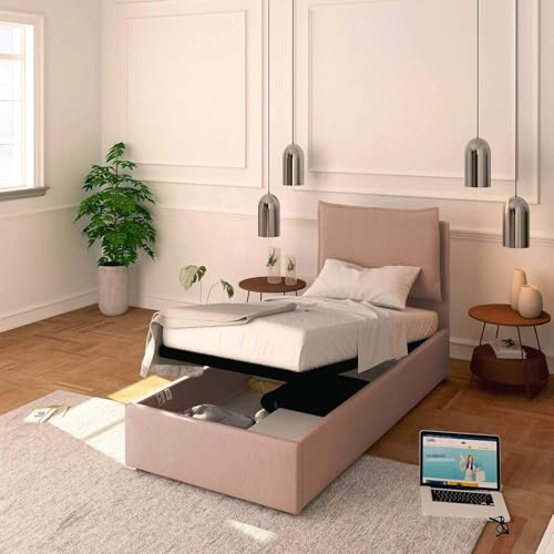 Baldiflex Letto Singolo con Contenitore Doppia Alzata Modello Licia in Tessuto, Rete a Doghe, per Materassi Singoli 90x200 cm, Testiera Finemente Imbottita, Colore Flamingo