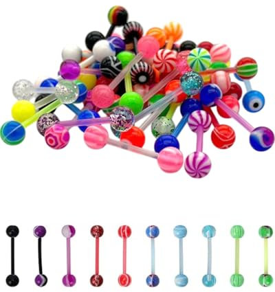 JEXOWIQ piercing lengua,40 pcs Piercing de lengua Juego de piercings de pezón de plástico 16 mm 14G Barras de piercing de lengua de plástico flexible