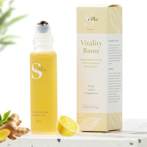 Solar Plexus Chakra Essential Oil Roll-On for Vitality & Focus - Ginger, Lemon & Peppermint Blend with Tiger's Eye Leak-Proof Rollerball, Energy Boost & Stress Relief for Adults Teens Work Study(15ml)