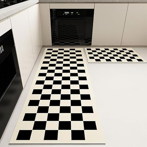 Highdi Küchenläufer, Saugfähig Läufer Flu Teppich Küche Flur Einfacher Nordischer Druck Teppich Läufer,Diatomeenerde Teppich Küche, Küchenteppich Waschbar rutschfest, für Küche (Schachbrett,60x180cm)