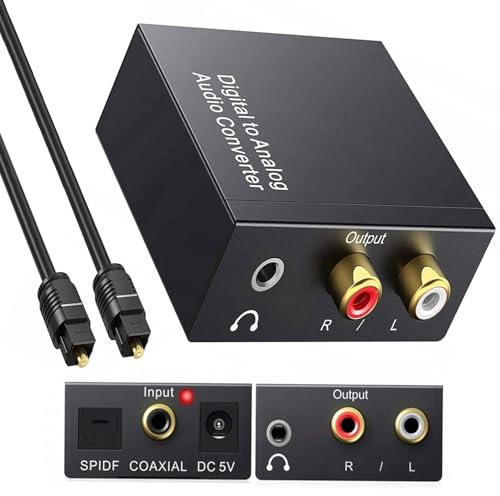 Convertidor Digital a Analógico, 192kHz DAC Audio Óptico Coaxial Toslink a Analógico Estéreo L/R y Jack 3.5mm con Cable Óptico para PS3 PS4 TV DVD