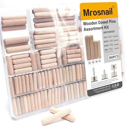 260 Pcs Wooden Dowel Pins in 4 Sizes, 1/4, 5/16, 3/8 inch Fluted Wood Dowels Hardwood Pegs for Table Legs, Wooden Frames, Bookshelves