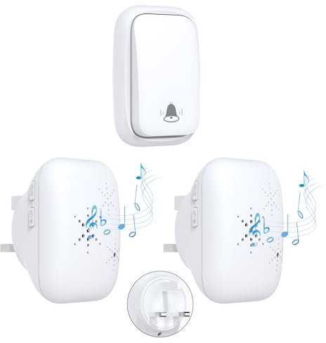 Cerhot UK Plug Self Powered Wireless Doorbell No Battery 150M Distance 38 Songs Door Bell Button Outdoor Doorbell Wireless Waterproof for Home School Office (UK 1V2 White B)