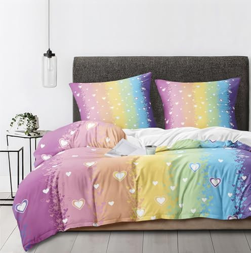 DXHOME Bettwäsche 135x200 Herzen Bunt Regenbogen Bettbezug Mädchen Bettwäsche mit Herzen 2teilig Wendebettwäsche Weich Microfaser Bettbezug mit Reißverschluss und 1 Kissenbezug 80x80cm