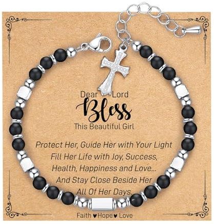 SIXDUTON Geschenke für Damen Mädchen Edelstein chakra Armband, Kreuzen Perlenarmband Heilsteine Armbänder Valentinstag Geburtstagsgeschenk für Frauen Sie Teenager Beste Freundin (Schwarzer Onyx)