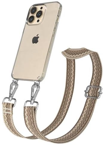 EAZY CASE Handykette - Verstellbares Taschenband kompatibel mit iPhone 13 Pro, Schulterriemen, Handykordel mit Silikon Hülle, Umhängetasche, Hell Braun Braun Silber