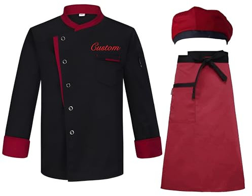 Dobraya Individuelles Kochjacken-Set mit besticktem Namen - Langärmeliges Chefhemd mit Schürze & Mütze (Unisex-Küchenuniformen für Köche)