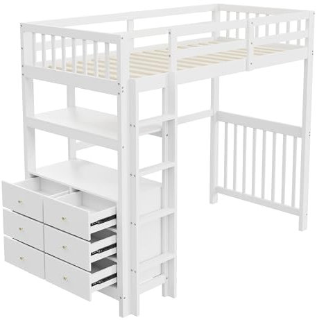 Azkoeesy Hochbett mit Schreibtisch und 6 Schubladen, 90 x 200 cm, mit Lattenrost, Regal, Rausfallschutz und Gitter, Einzelbett, Holzbett, für Teenager und Erwachsene (Weiß)