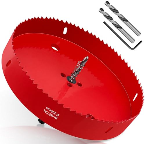 Yeepeo Hole Saw 200 mm, Universal HSS M42 Bi-Metal Hole Saws, Circular Hole Saw with Hex Shank and Drill Bit Set Drill Bit for Wood, Drywall, Plastics, 1 Piece Red