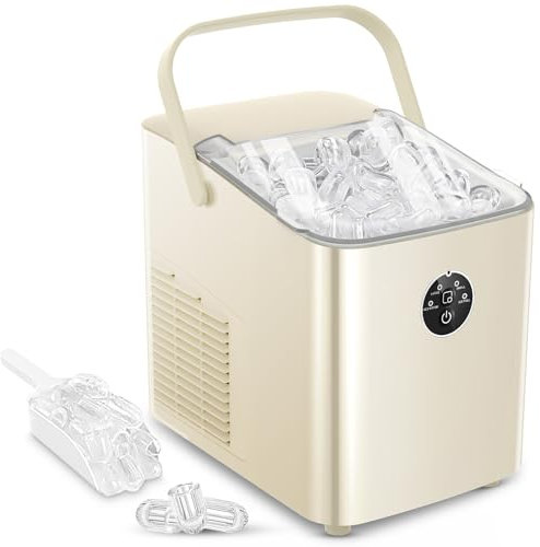 FOHERE Eiswürfelmaschine 14kg 24 Stunden, Eiswürfel in 5 Min, 2 Größen von Bullet Ice, Selbstreinigender Eiswürfelbereiter mit Griff, Eisschaufel u. Korb, Ice Maker für Party Büro RV (Off-white)