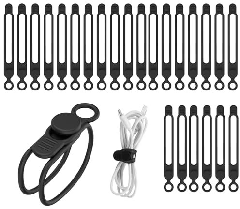 24 Pack Silicone Cable Ties, Reusable Cable Organizers with Lock Buckle, Black Adjustable Cord Management Straps for Headphones, Chargers, Computer Cables, Home and Office Use