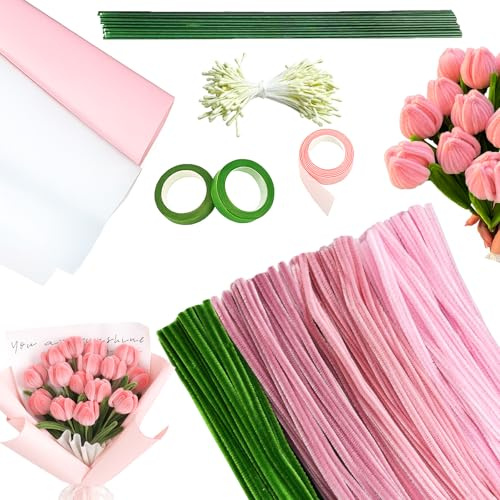 pangdapengpeng 300 Stück Pfeifenreiniger Blumen Set für DIY Tulpenstrauß | Rosa Pfeifenputzer zum Basteln mit Blumendraht, Schleifenband, Staubblatt für Handgemachte, Langlebige