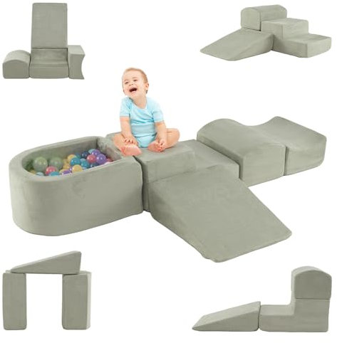DREAMADE Parcours de motricité Bébé 5PCS avec Housse Lavable, Blocs de Construction avec Piscine à Balles, Module Motricité pour Enfant 3+ Ans (Vert)